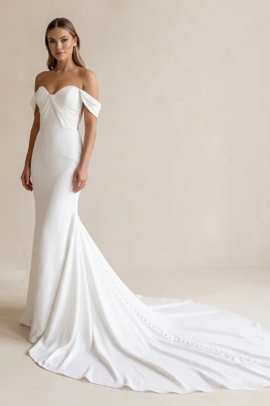 Off-the-Shoulder Satin Mermaid Wedding Dress in White made by KissProm