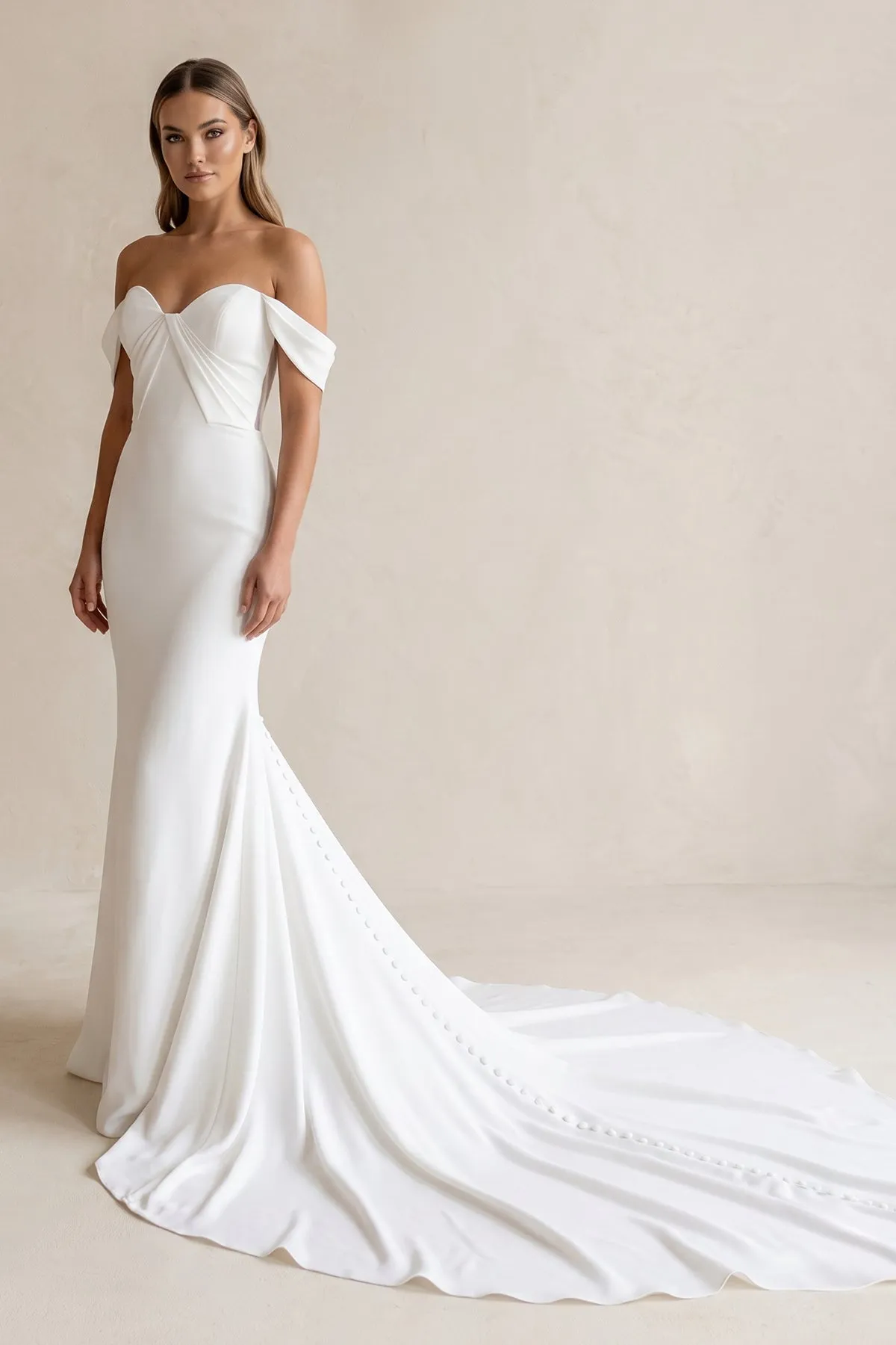 Off-the-Shoulder Satin Mermaid Wedding Dress in White sold by KissProm