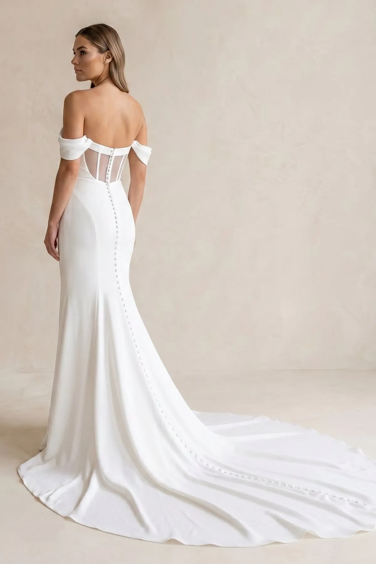 Off-the-Shoulder Satin Mermaid Wedding Dress in White sold by KissProm product image thumbnail 2