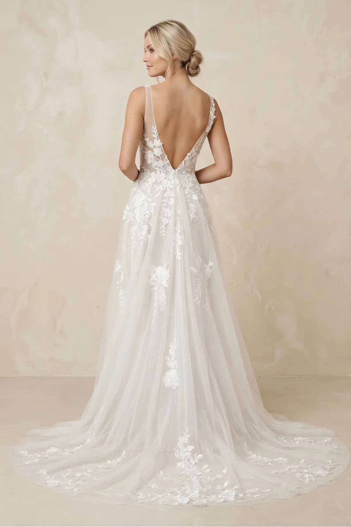 V-Neck A-Line Tulle Appliqued Maxi Wedding Dress in White sold by KissProm product image thumbnail 2