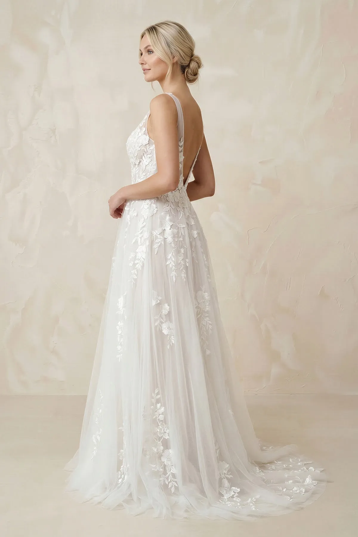 V-Neck A-Line Tulle Appliqued Maxi Wedding Dress in White sold by KissProm product image thumbnail 3