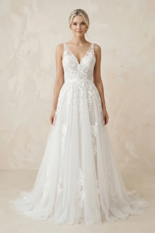 V-Neck A-Line Tulle Appliqued Maxi Wedding Dress in White made by KissProm