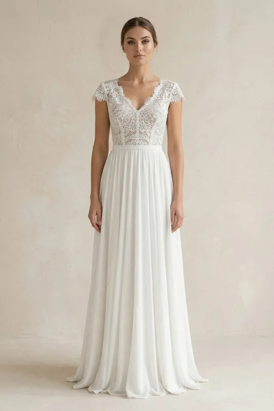 Chiffon A-Line V-Neck Lace Cap Sleeve Wedding Dress in White made by KissProm