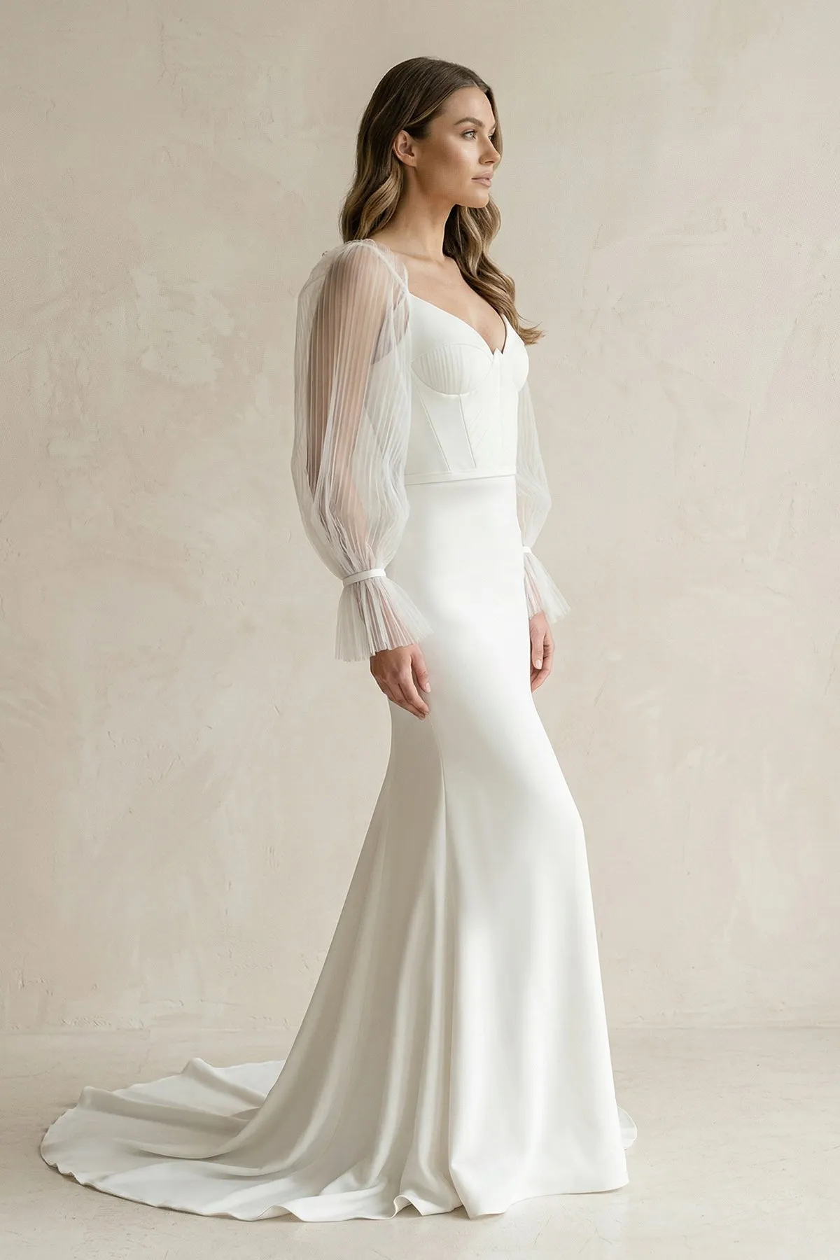 Long Sleeves Satin Mermaid Sweetheart Wedding Dress in White sold by KissProm product image thumbnail 3