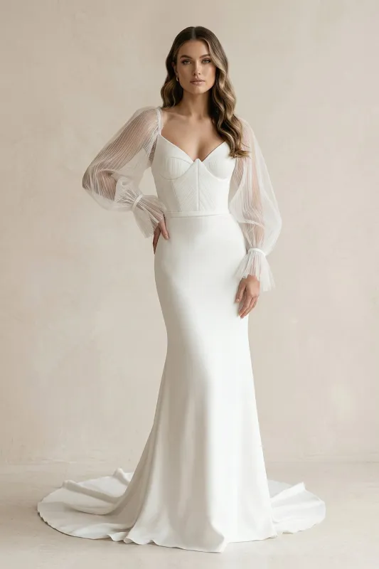 Long Sleeves Satin Mermaid Sweetheart Wedding Dress in White made by KissProm