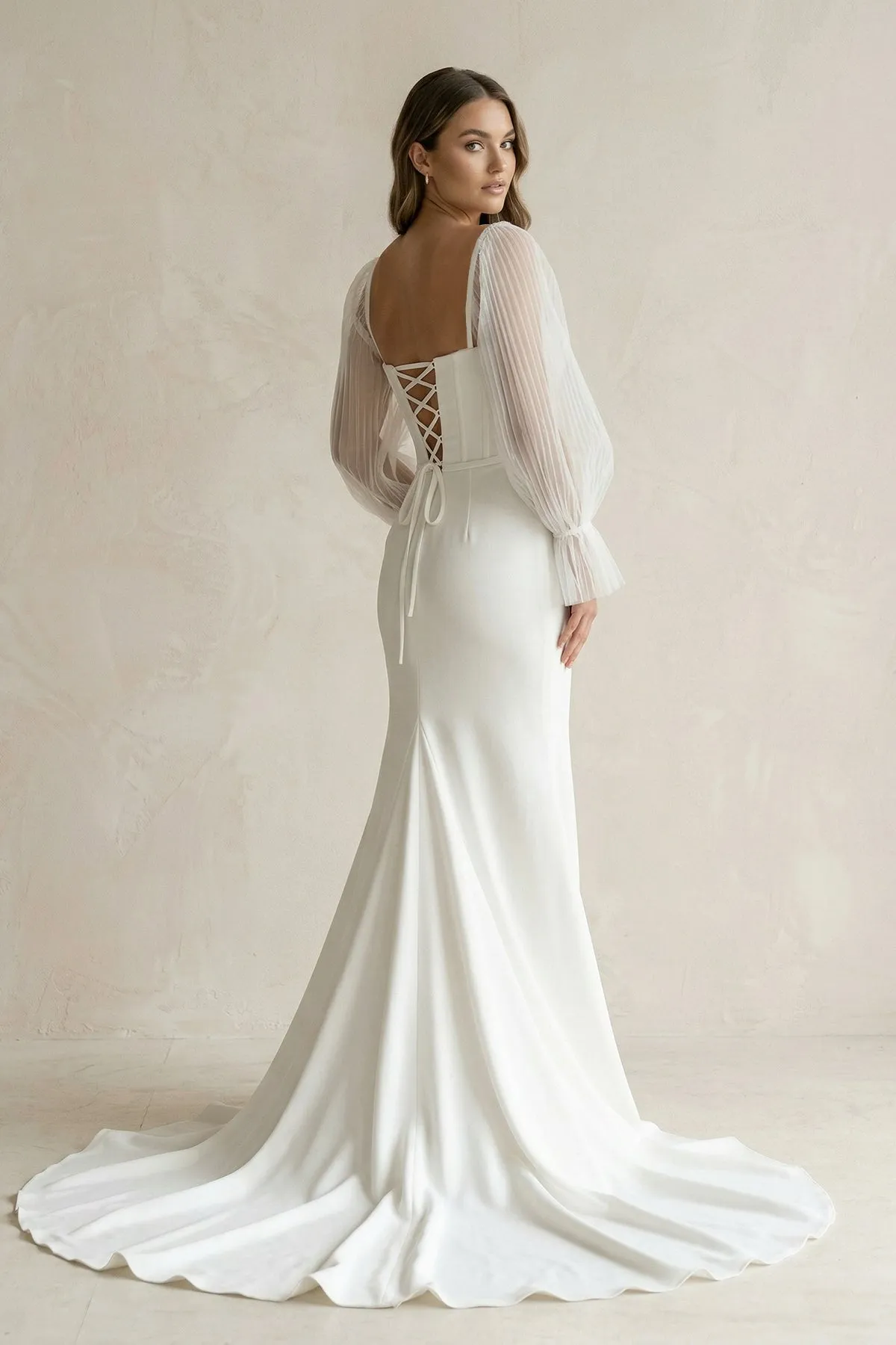 Long Sleeves Satin Mermaid Sweetheart Wedding Dress in White sold by KissProm product image thumbnail 2
