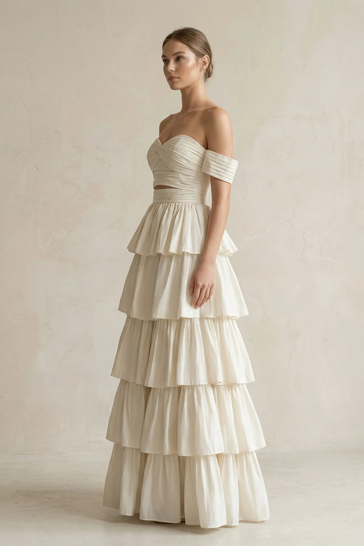 Off-the-Shoulder A-Line Tiered Chiffon Wedding Dress in Ivory sold by KissProm product image thumbnail 2