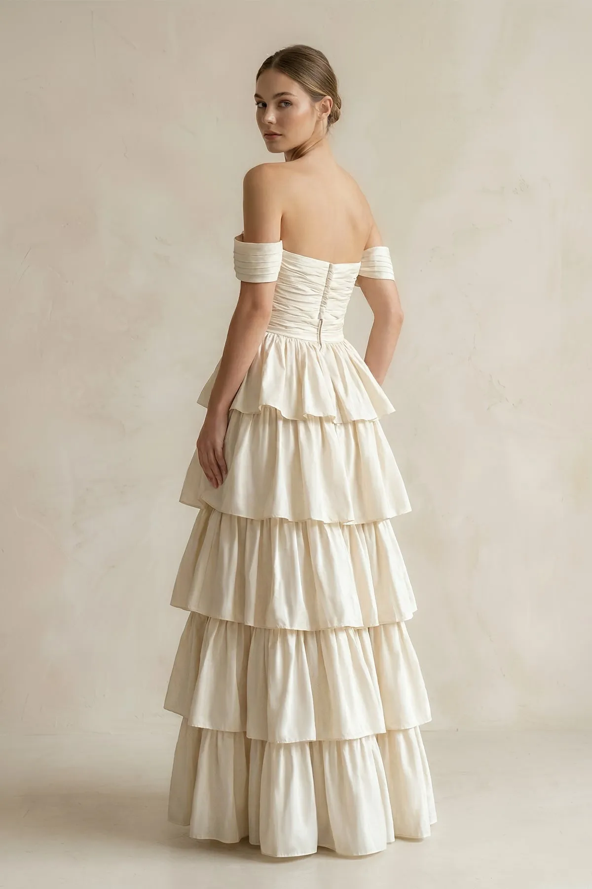 Off-the-Shoulder A-Line Tiered Chiffon Wedding Dress in Ivory sold by KissProm product image thumbnail 3