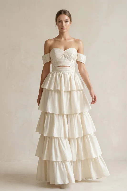 Off-the-Shoulder A-Line Tiered Chiffon Wedding Dress in Ivory made by KissProm