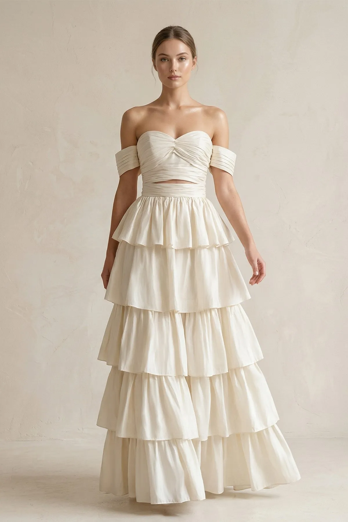 Off-the-Shoulder A-Line Tiered Chiffon Wedding Dress in Ivory sold by KissProm
