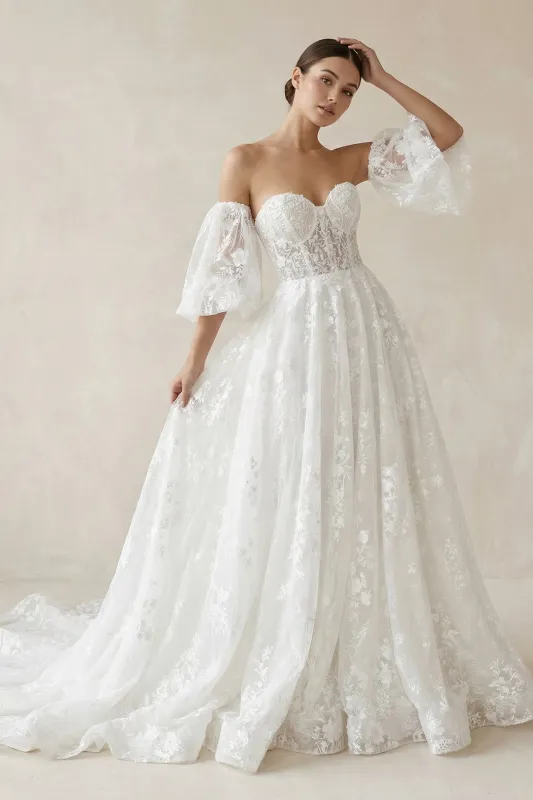 Lace Sweetheart A-Line Corset Wedding Dress With Sleeves in White made by KissProm