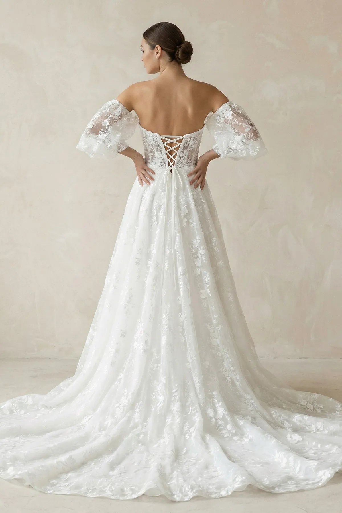 Lace Sweetheart A-Line Corset Wedding Dress With Sleeves in White sold by KissProm product image thumbnail 2