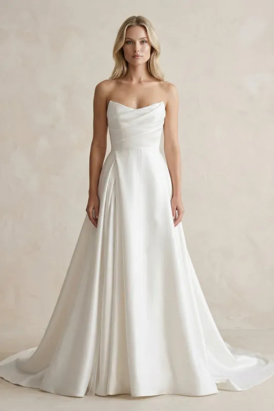 Strapless A-Line Ruched Satin Wedding Dress in White made by KissProm