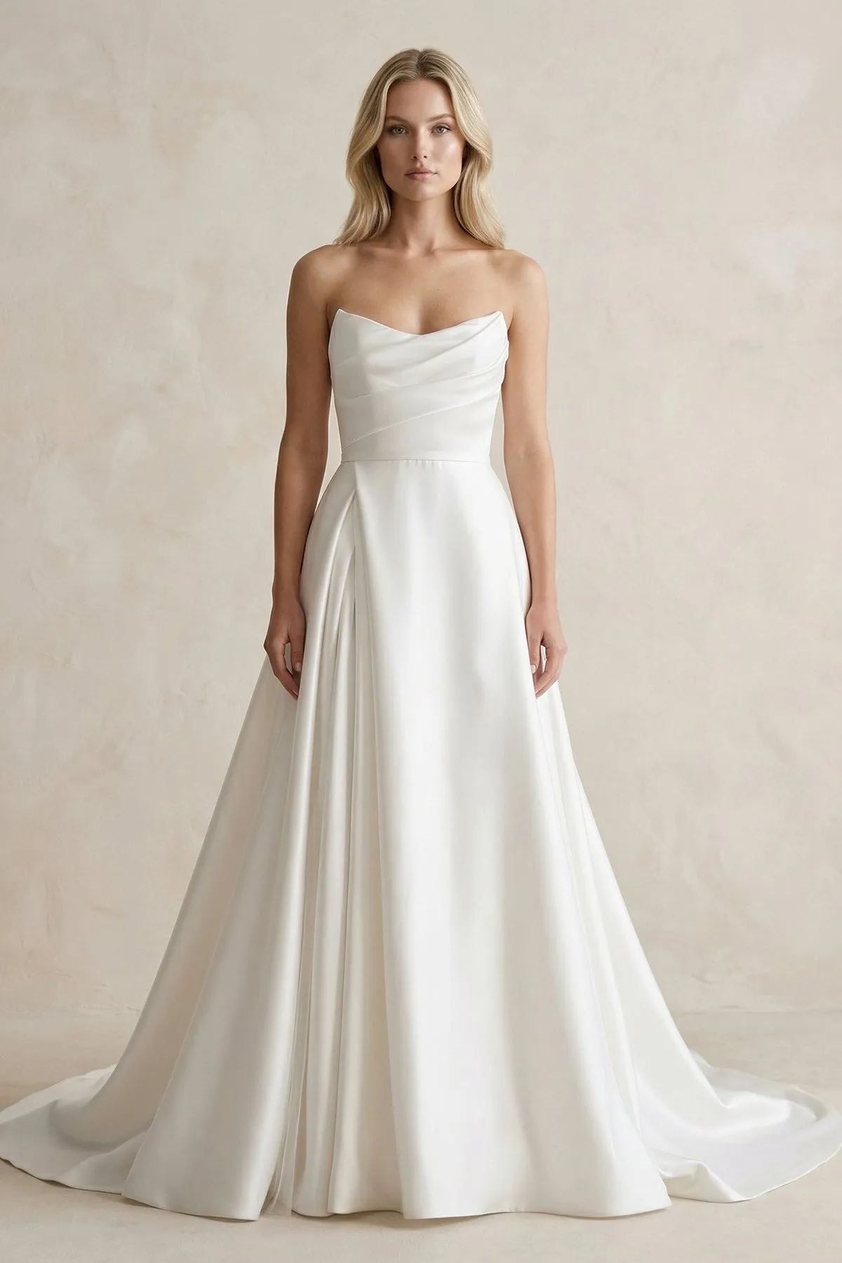Strapless A-Line Ruched Satin Wedding Dress in White sold by KissProm