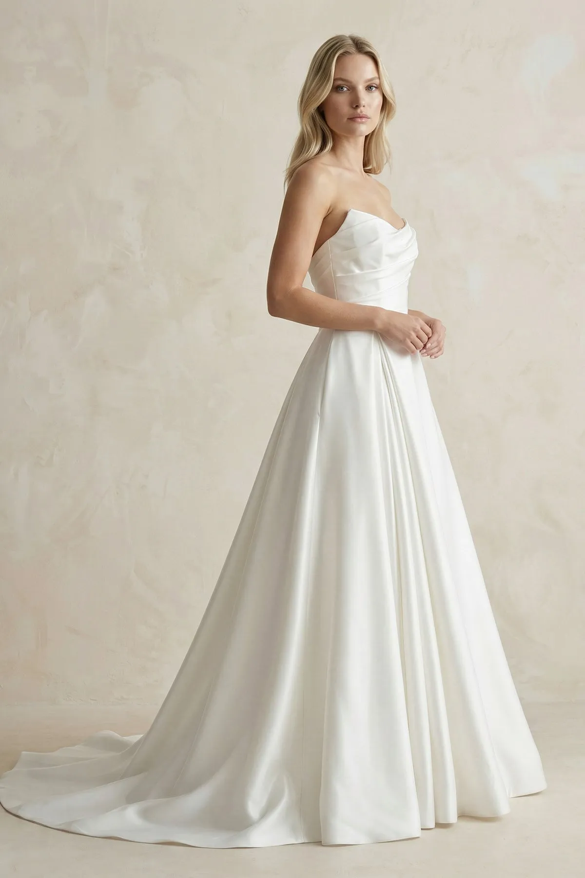 Strapless A-Line Ruched Satin Wedding Dress in White sold by KissProm product image thumbnail 3