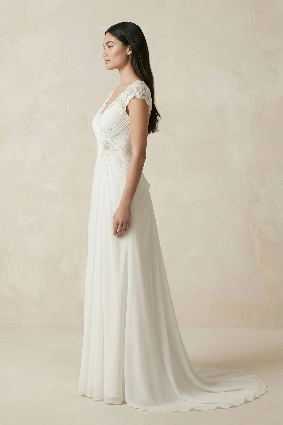 V-Neck Cap Sleeve A-Line Chiffon Wedding Dress in Ivory sold by KissProm product image thumbnail 3