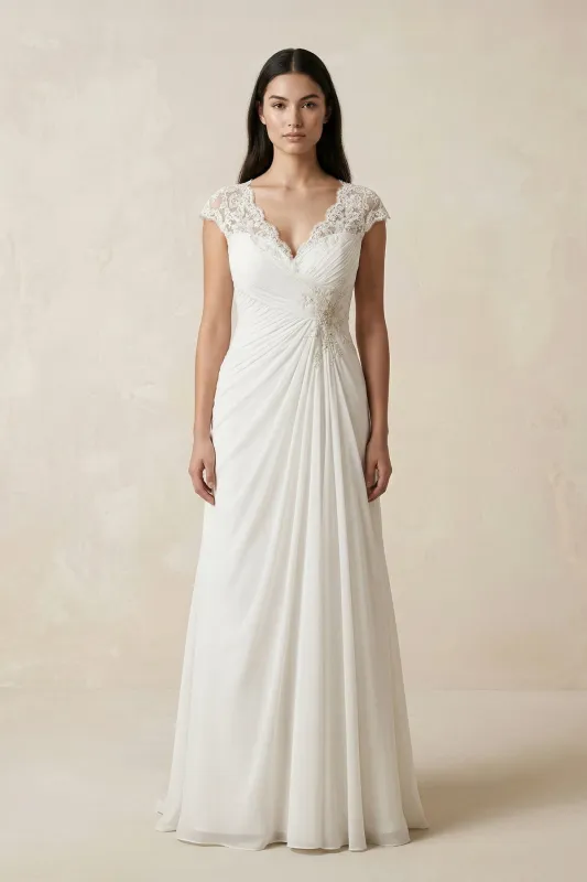V-Neck Cap Sleeve A-Line Chiffon Wedding Dress in Ivory made by KissProm