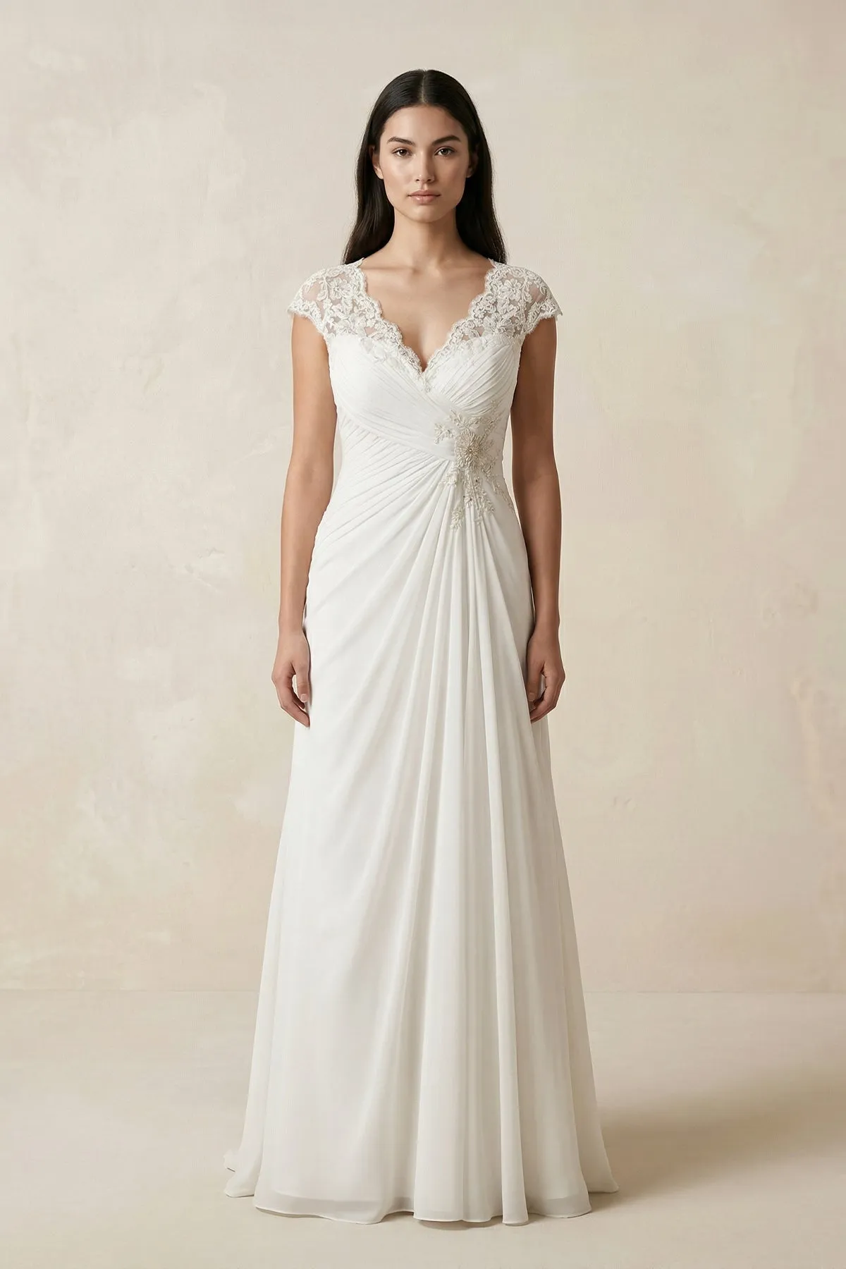 V-Neck Cap Sleeve A-Line Chiffon Wedding Dress in Ivory sold by KissProm