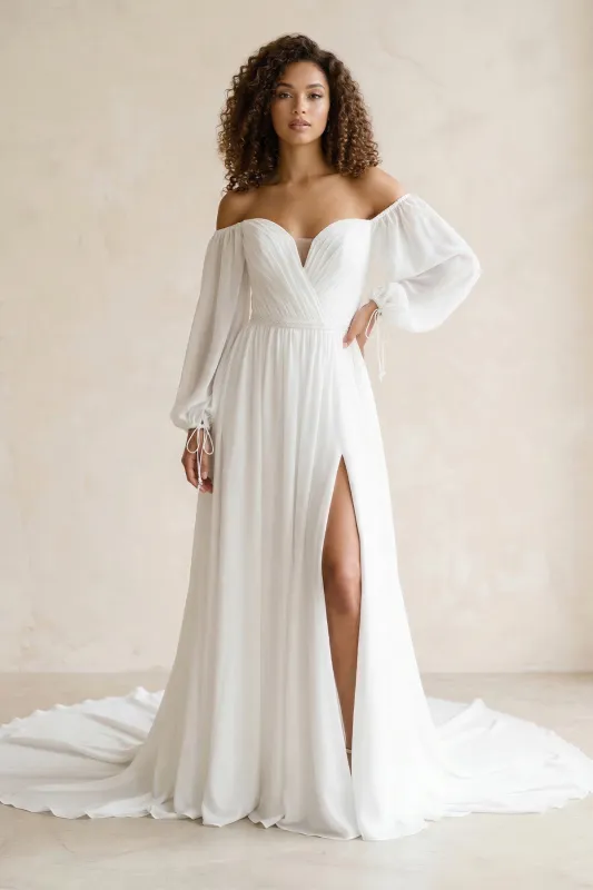 Off-the-Shoulder Chiffon A-Line Pleated Long Sleeve Wedding Dress in White made by KissProm