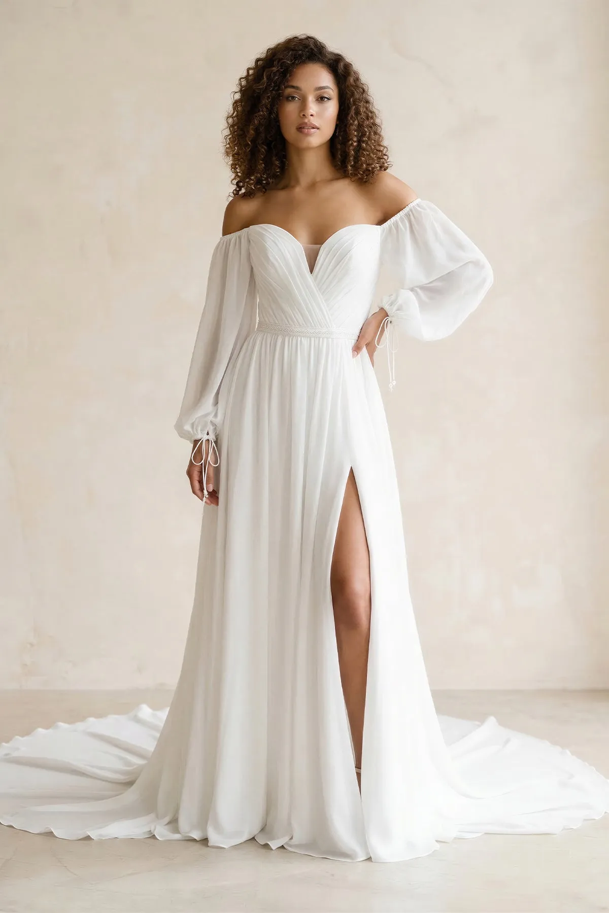 Off-the-Shoulder Chiffon A-Line Pleated Long Sleeve Wedding Dress in White sold by KissProm
