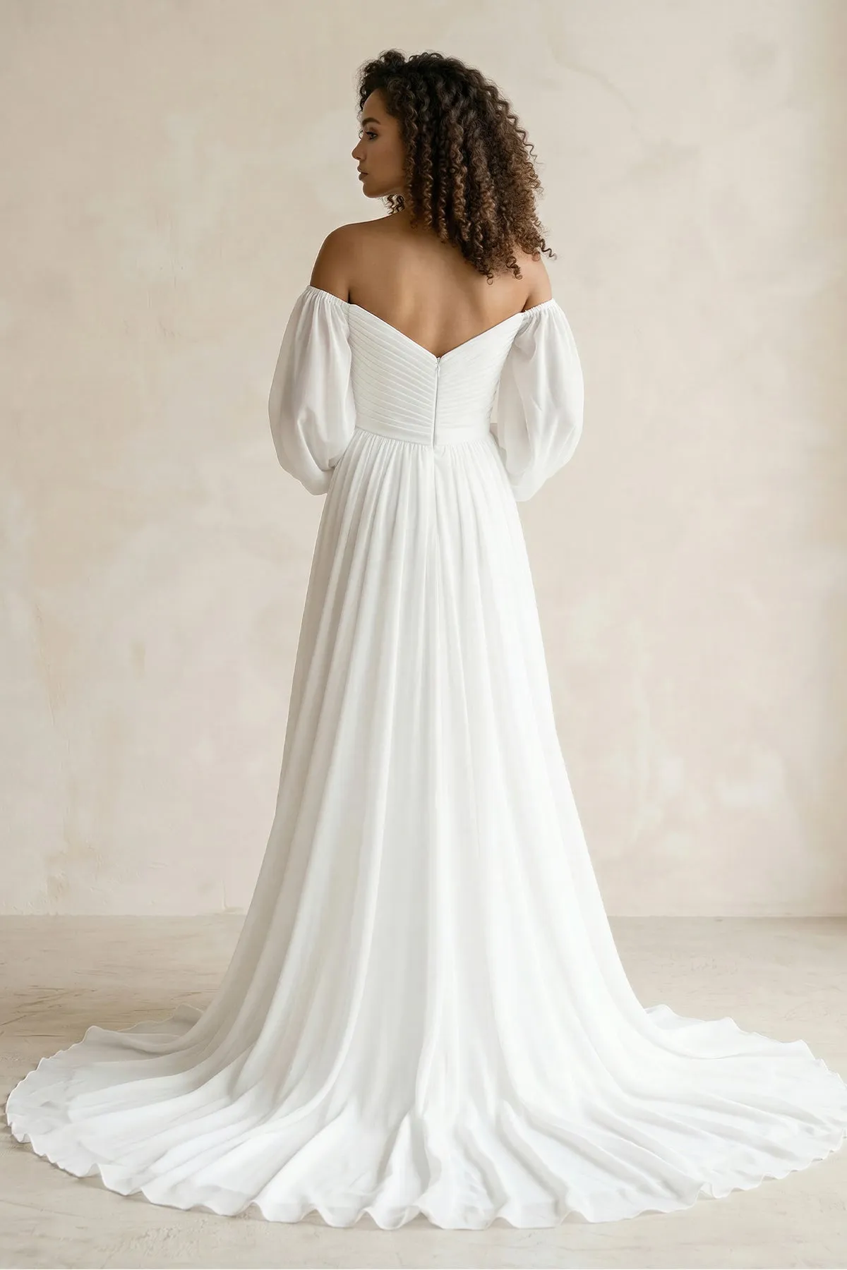 Off-the-Shoulder Chiffon A-Line Pleated Long Sleeve Wedding Dress in White sold by KissProm product image thumbnail 2