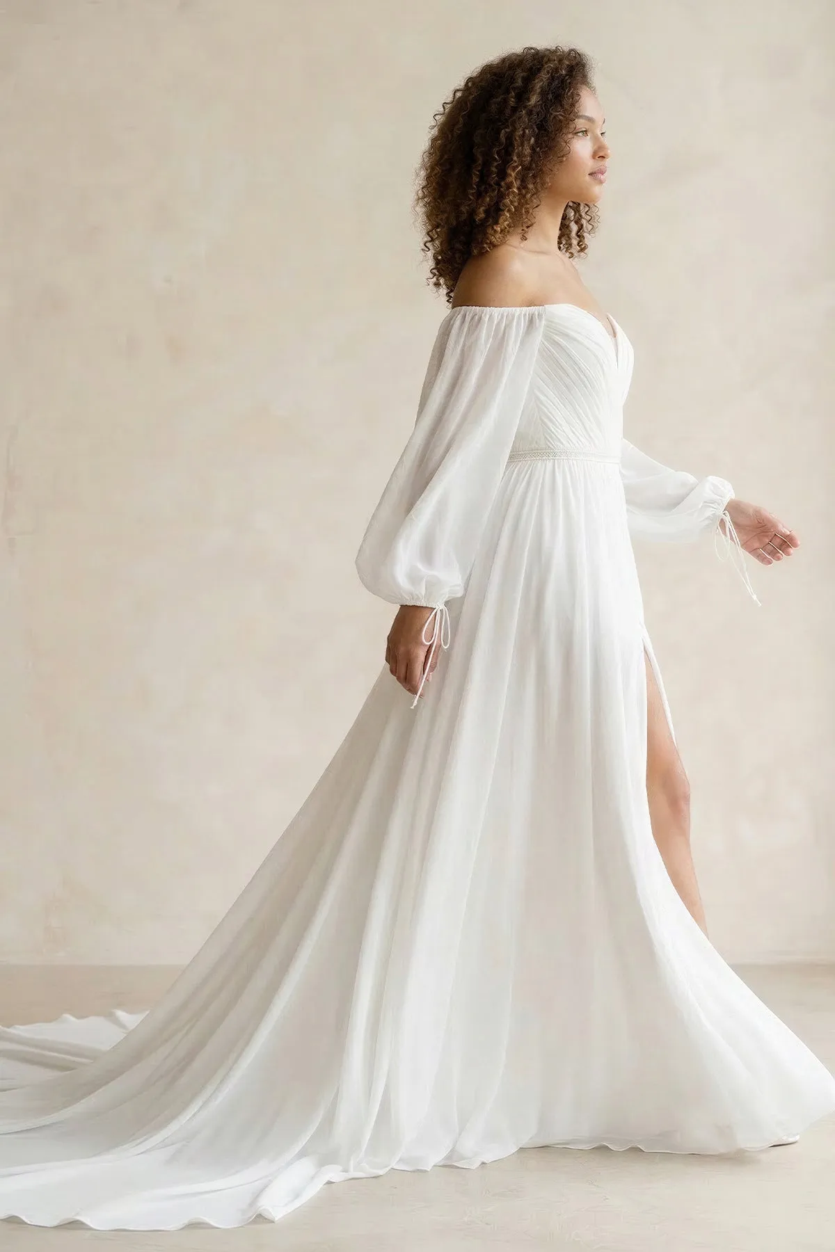 Off-the-Shoulder Chiffon A-Line Pleated Long Sleeve Wedding Dress in White sold by KissProm product image thumbnail 3
