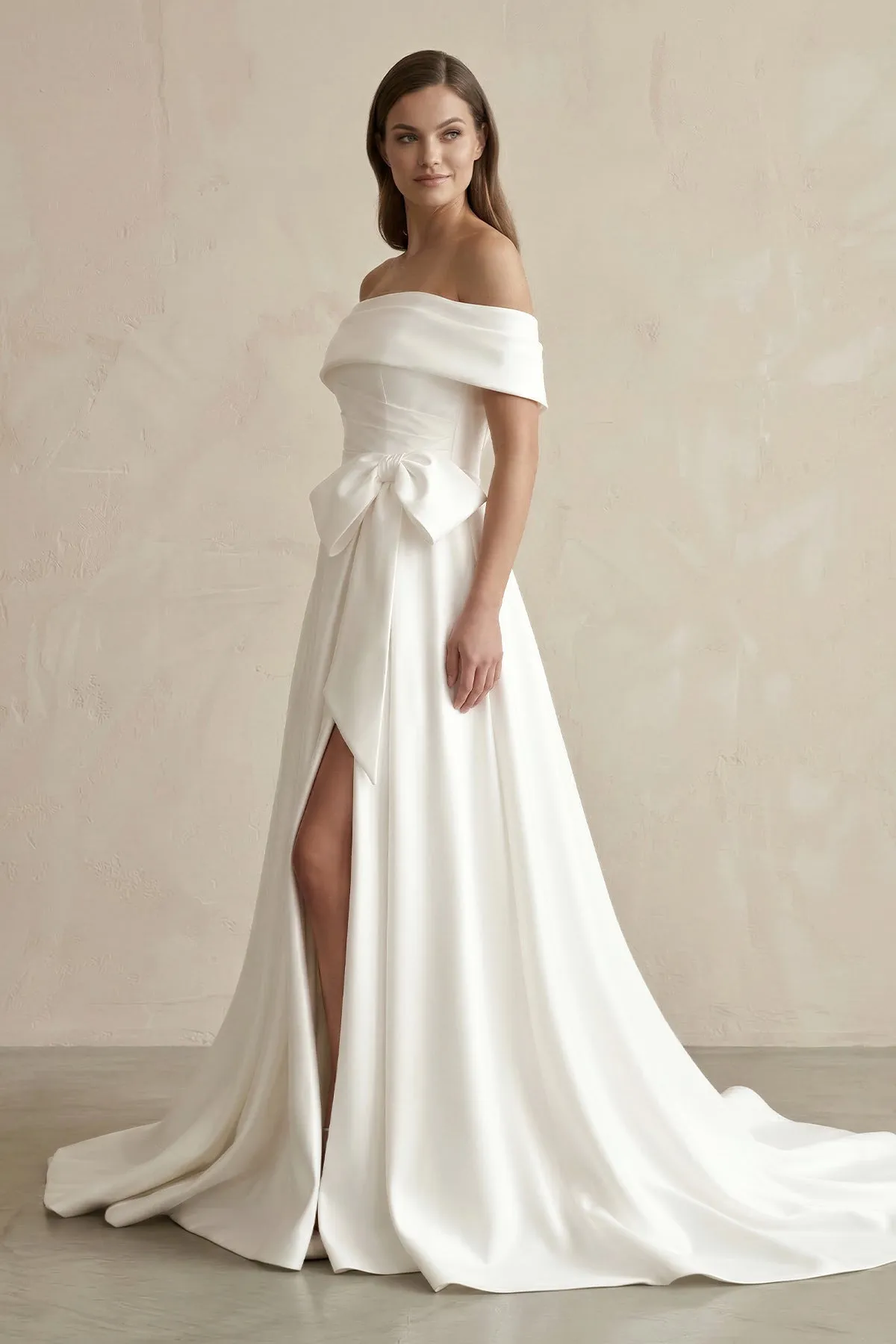 Off-the-Shoulder A-Line Satin Wedding Dress With Bow in White sold by KissProm product image thumbnail 3