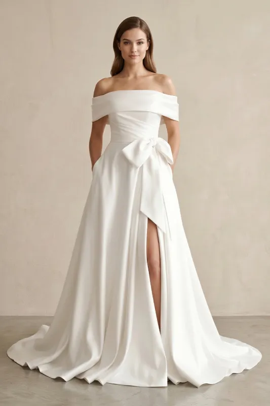 Off-the-Shoulder A-Line Satin Wedding Dress With Bow in White made by KissProm