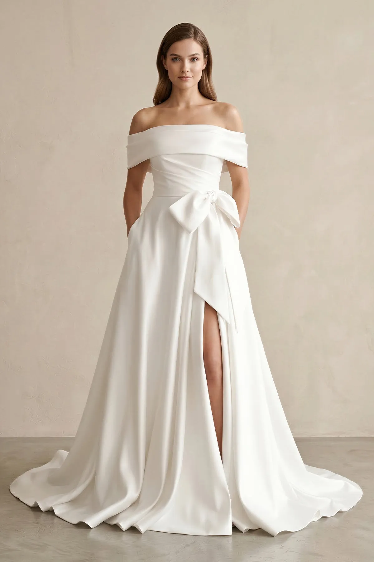 Off-the-Shoulder A-Line Satin Wedding Dress With Bow in White sold by KissProm