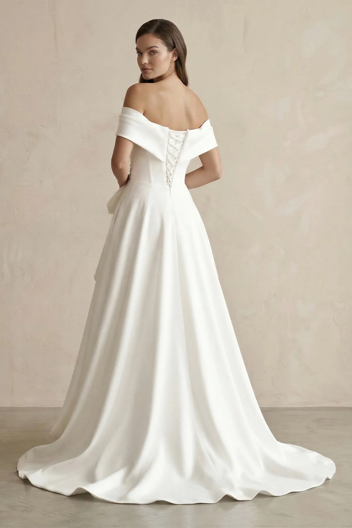 Off-the-Shoulder A-Line Satin Wedding Dress With Bow in White sold by KissProm product image thumbnail 2