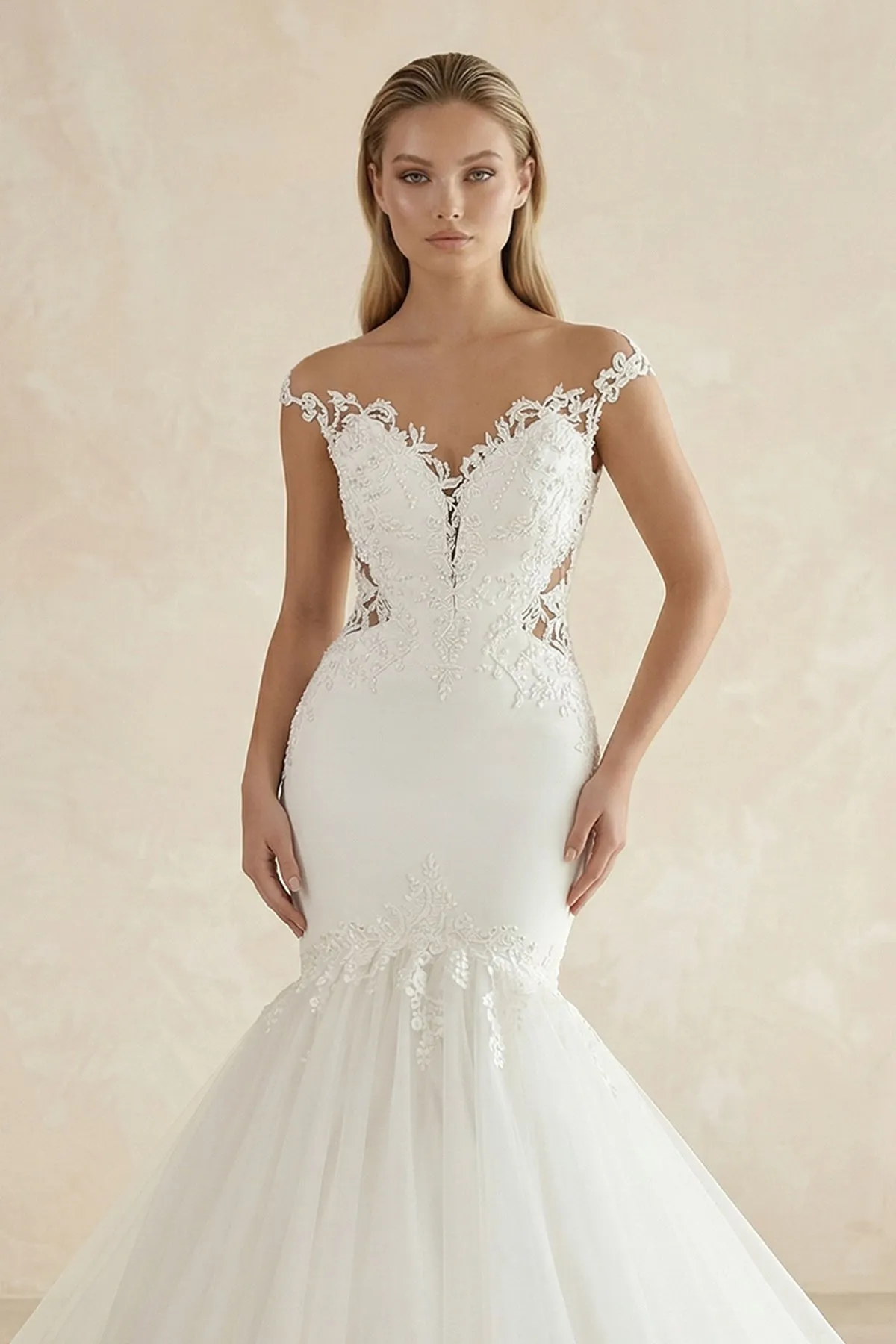 Mermaid Tulle Appliqued Off-the-Shoulder Wedding Dress in White sold by KissProm product image thumbnail 3