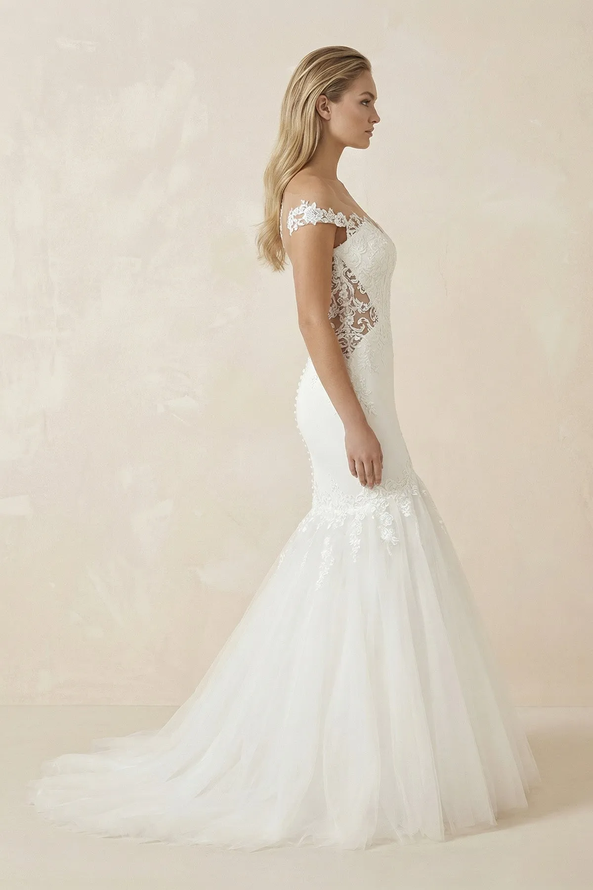 Mermaid Tulle Appliqued Off-the-Shoulder Wedding Dress in White sold by KissProm product image thumbnail 4