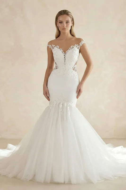 Mermaid Tulle Appliqued Off-the-Shoulder Wedding Dress in White made by KissProm