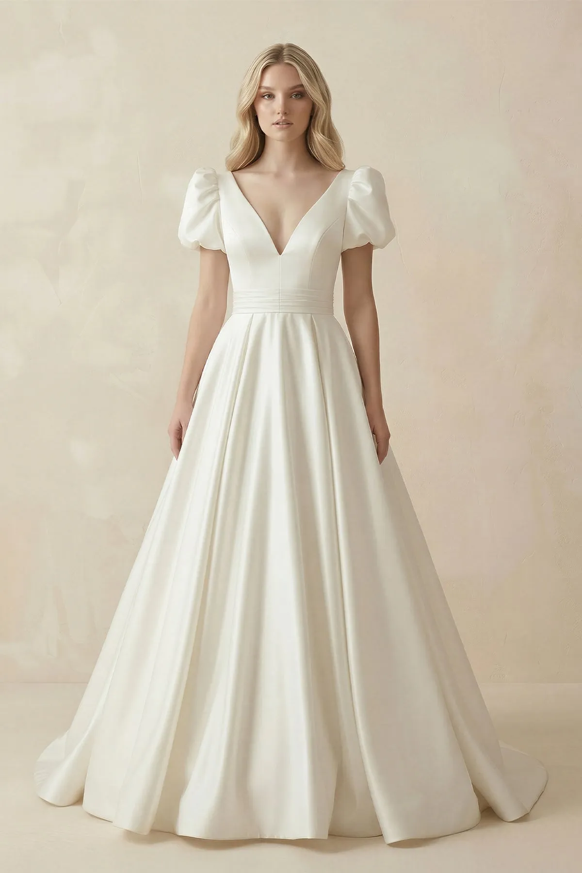 V-Neck Satin A-Line Ruched Wedding Dress with Puff Sleeves in White sold by KissProm