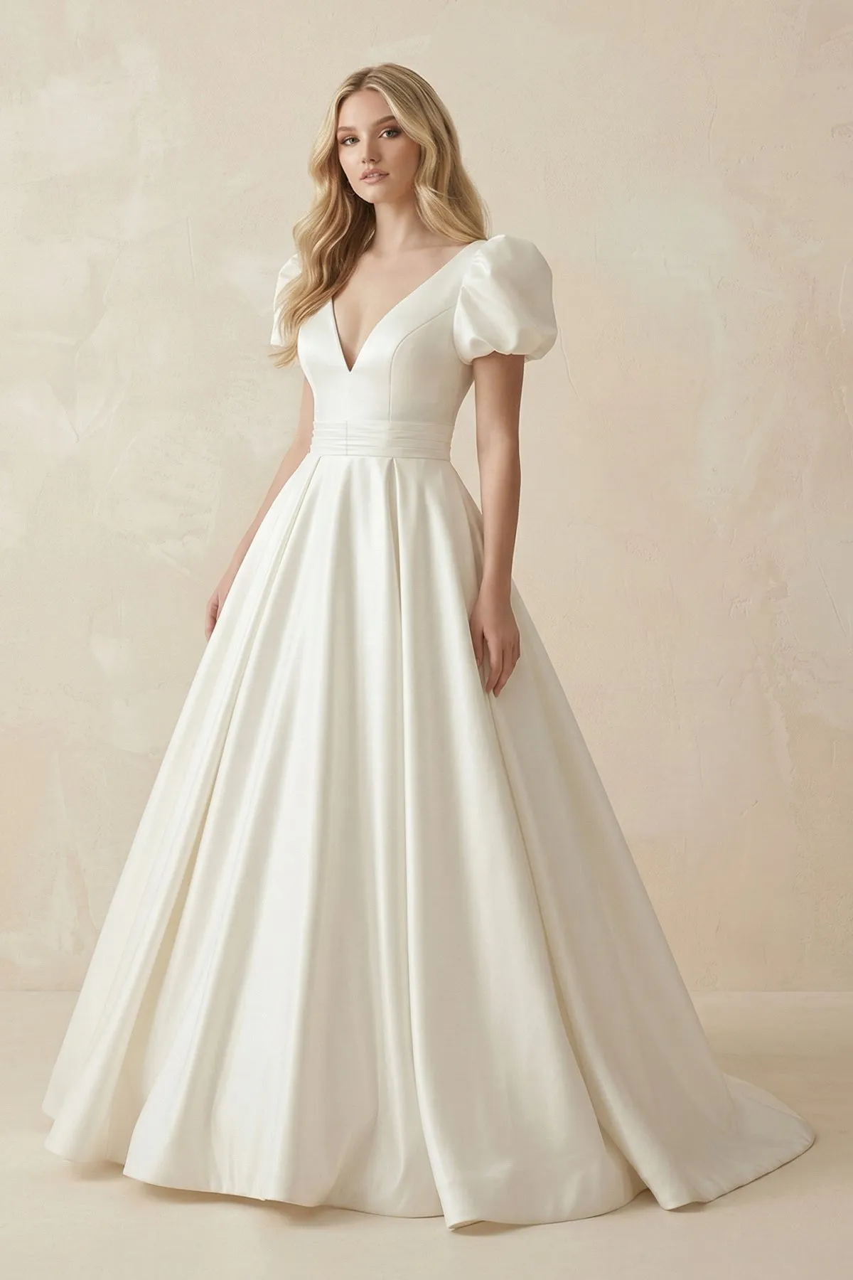 V-Neck Satin A-Line Ruched Wedding Dress with Puff Sleeves in White sold by KissProm product image thumbnail 2