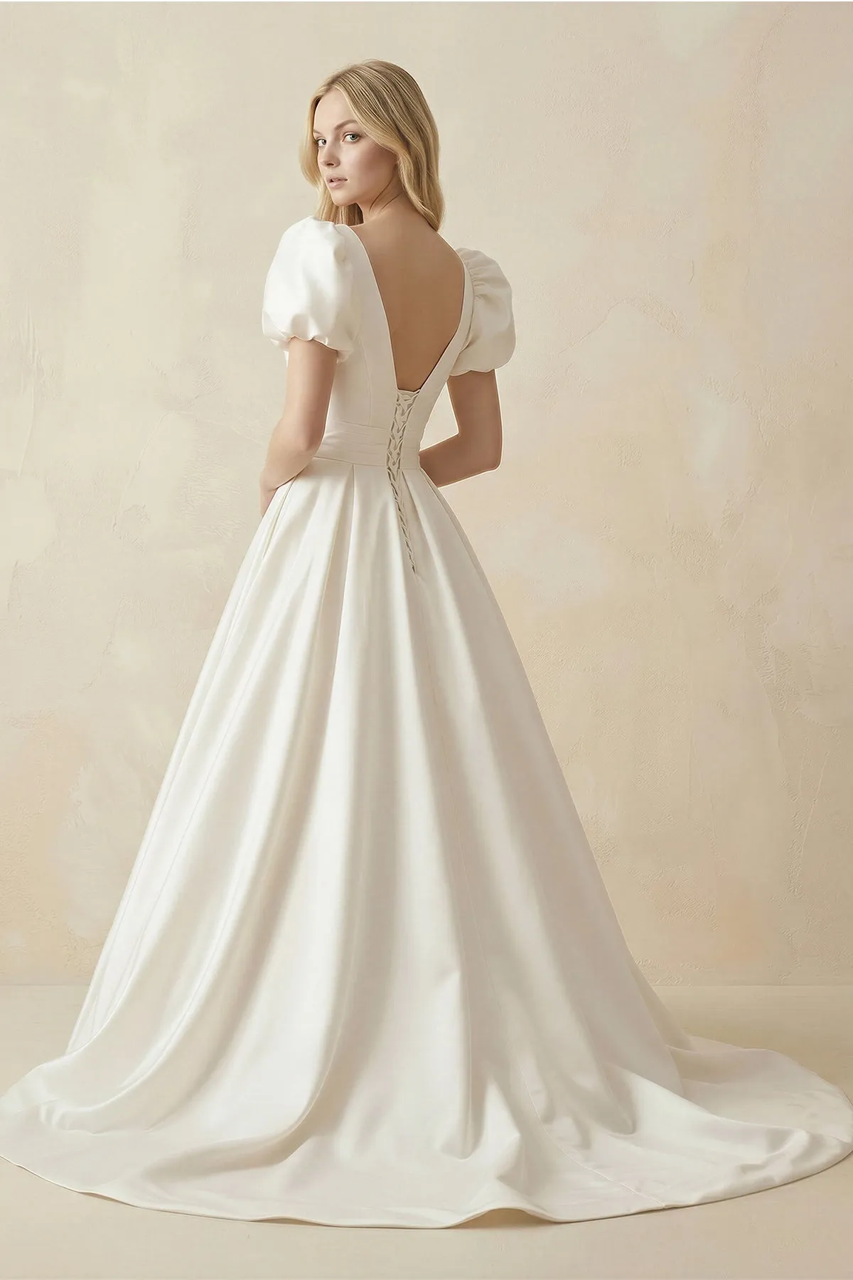 V-Neck Satin A-Line Ruched Wedding Dress with Puff Sleeves in White sold by KissProm product image thumbnail 3
