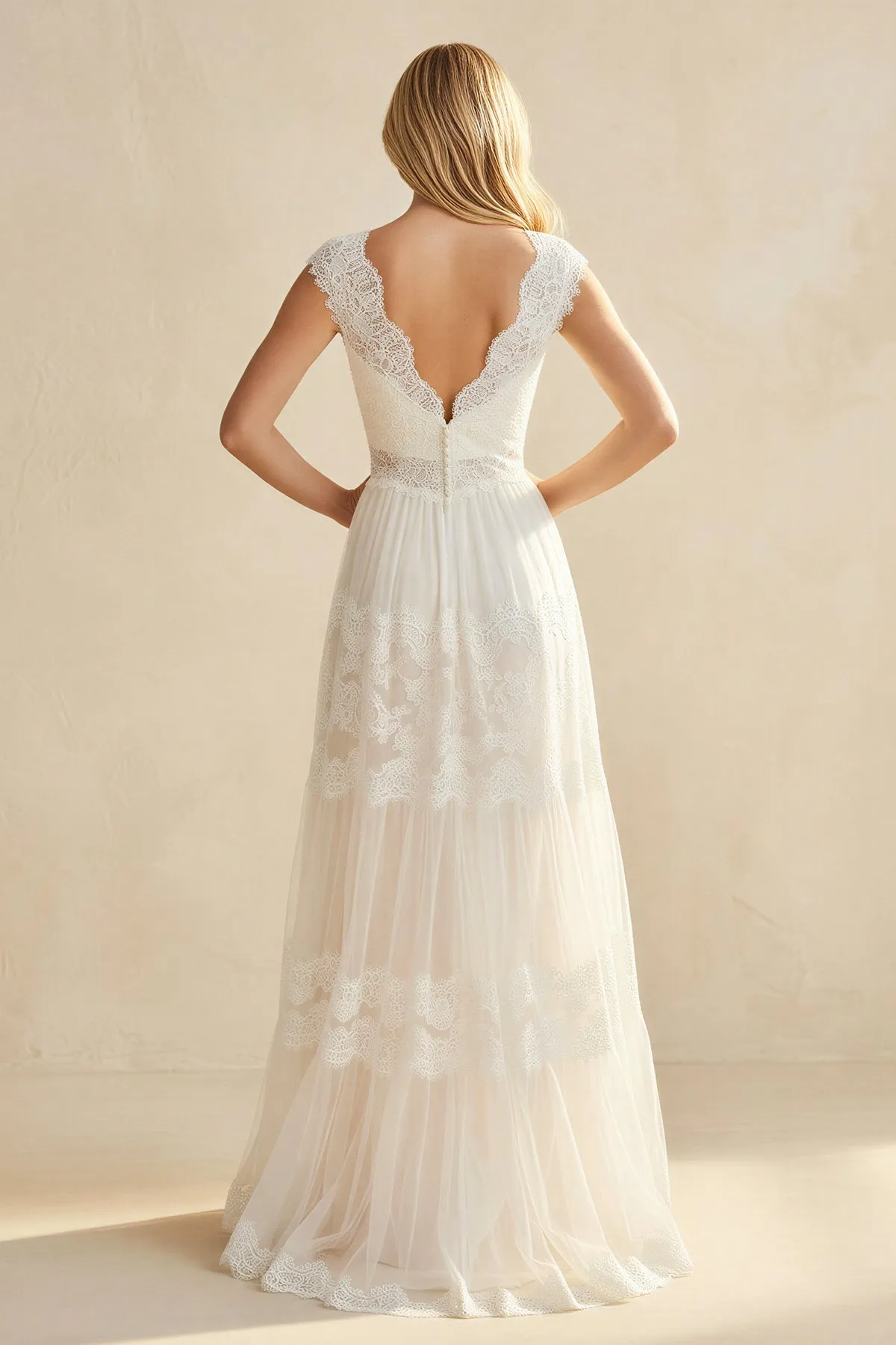 A-Line Lace V-Neck Tulle Wedding Dress in Ivory sold by KissProm product image thumbnail 3
