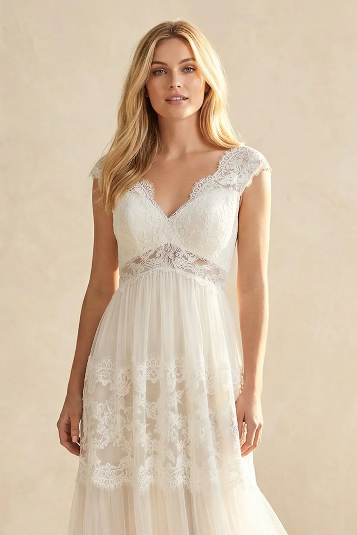A-Line Lace V-Neck Tulle Wedding Dress in Ivory sold by KissProm product image thumbnail 4