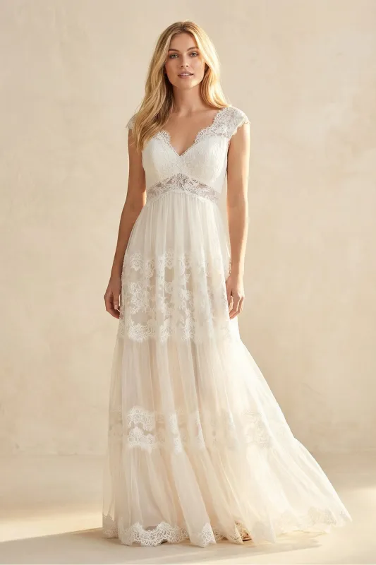 A-Line Lace V-Neck Tulle Wedding Dress in Ivory made by KissProm