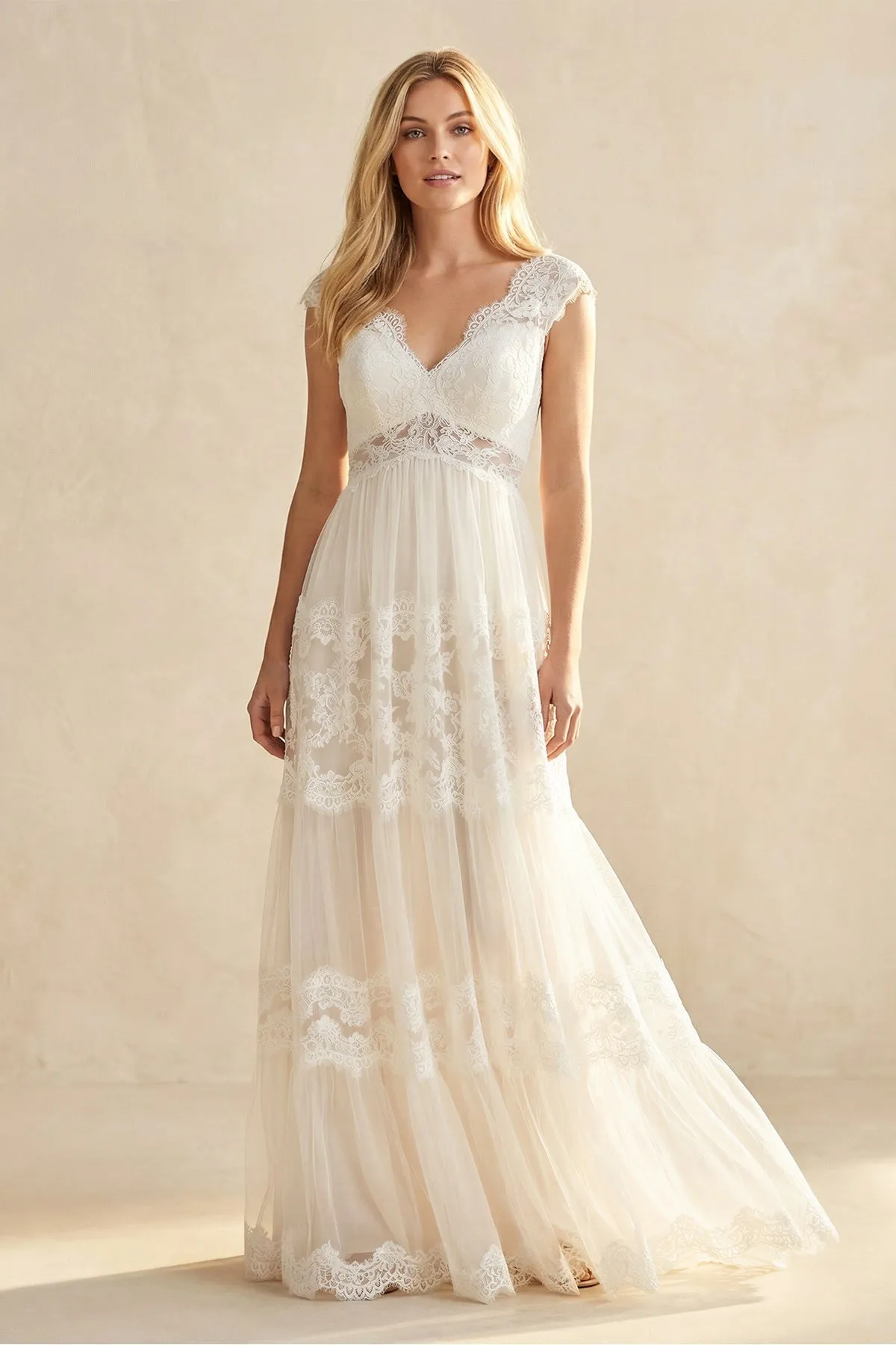 A-Line Lace V-Neck Tulle Wedding Dress in Ivory sold by KissProm
