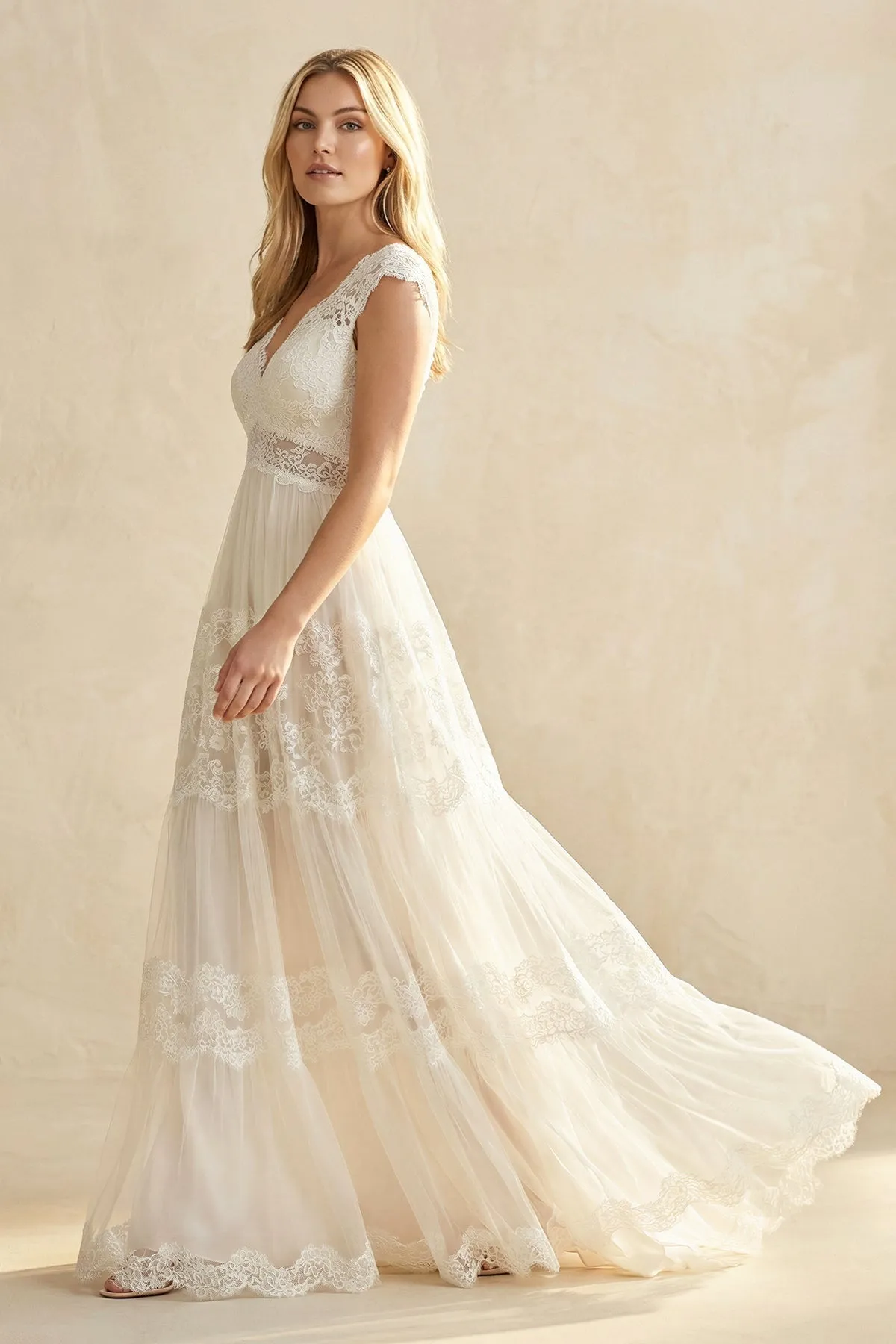 A-Line Lace V-Neck Tulle Wedding Dress in Ivory sold by KissProm product image thumbnail 2