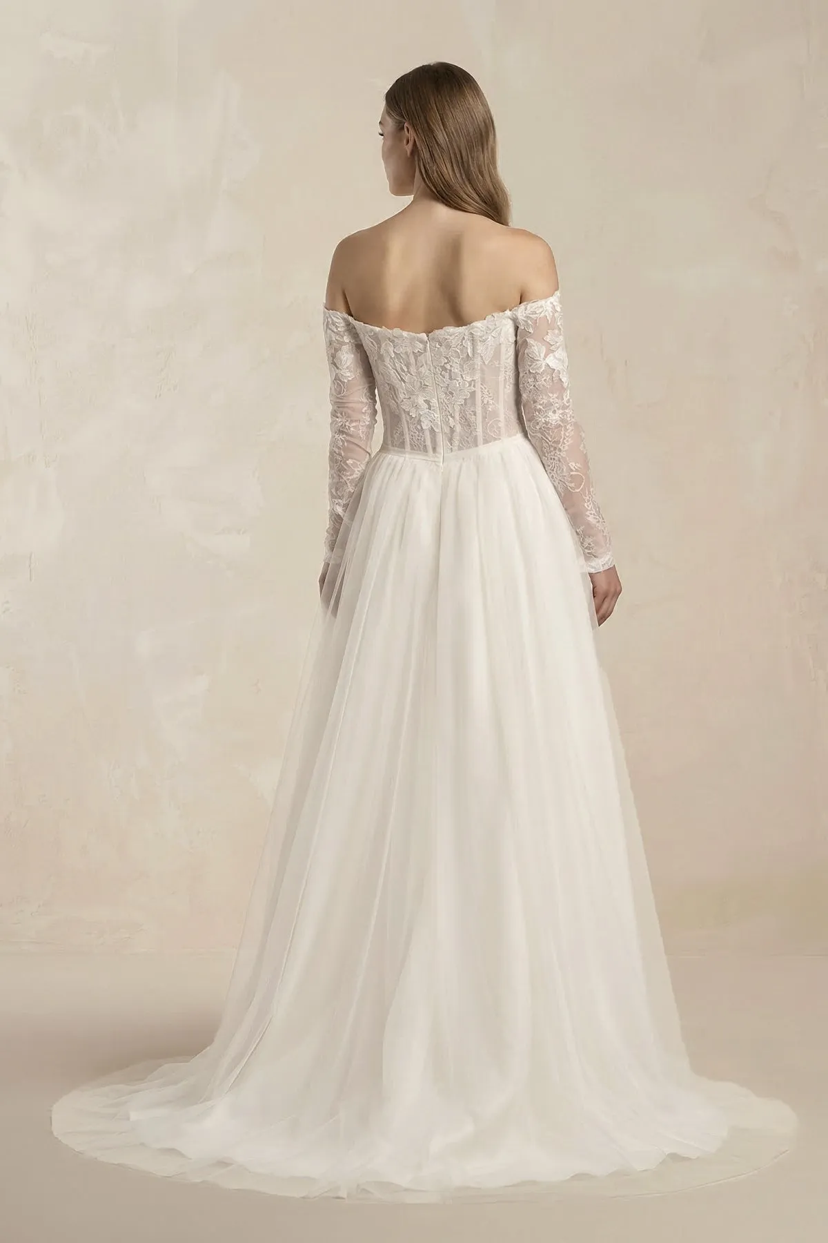 Off-the-Shoulder Tulle Corset A-Line Appliqued Wedding Dress in White sold by KissProm product image thumbnail 2