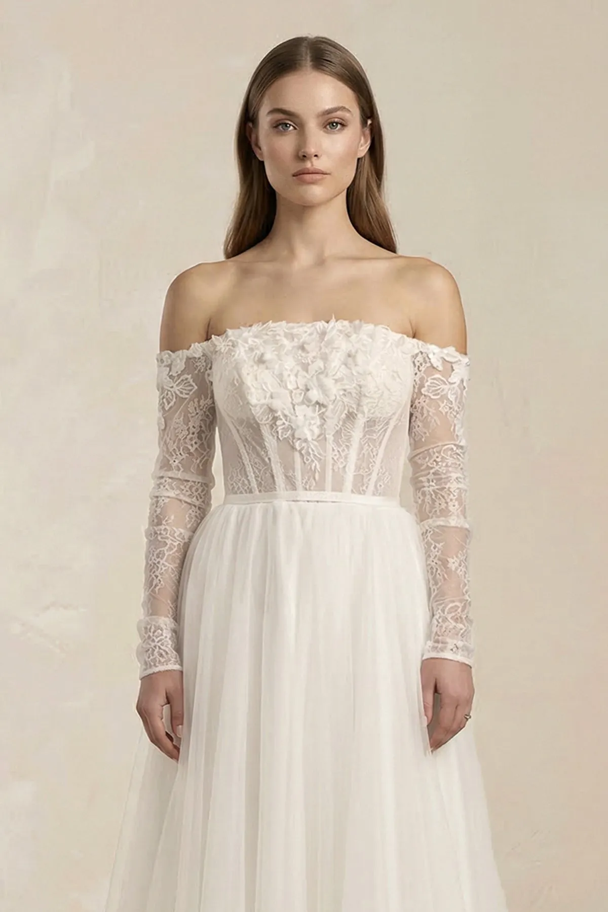 Off-the-Shoulder Tulle Corset A-Line Appliqued Wedding Dress in White sold by KissProm product image thumbnail 3