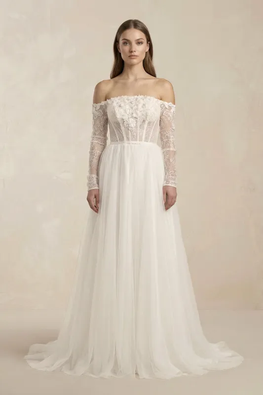 Off-the-Shoulder Tulle Corset A-Line Appliqued Wedding Dress in White made by KissProm