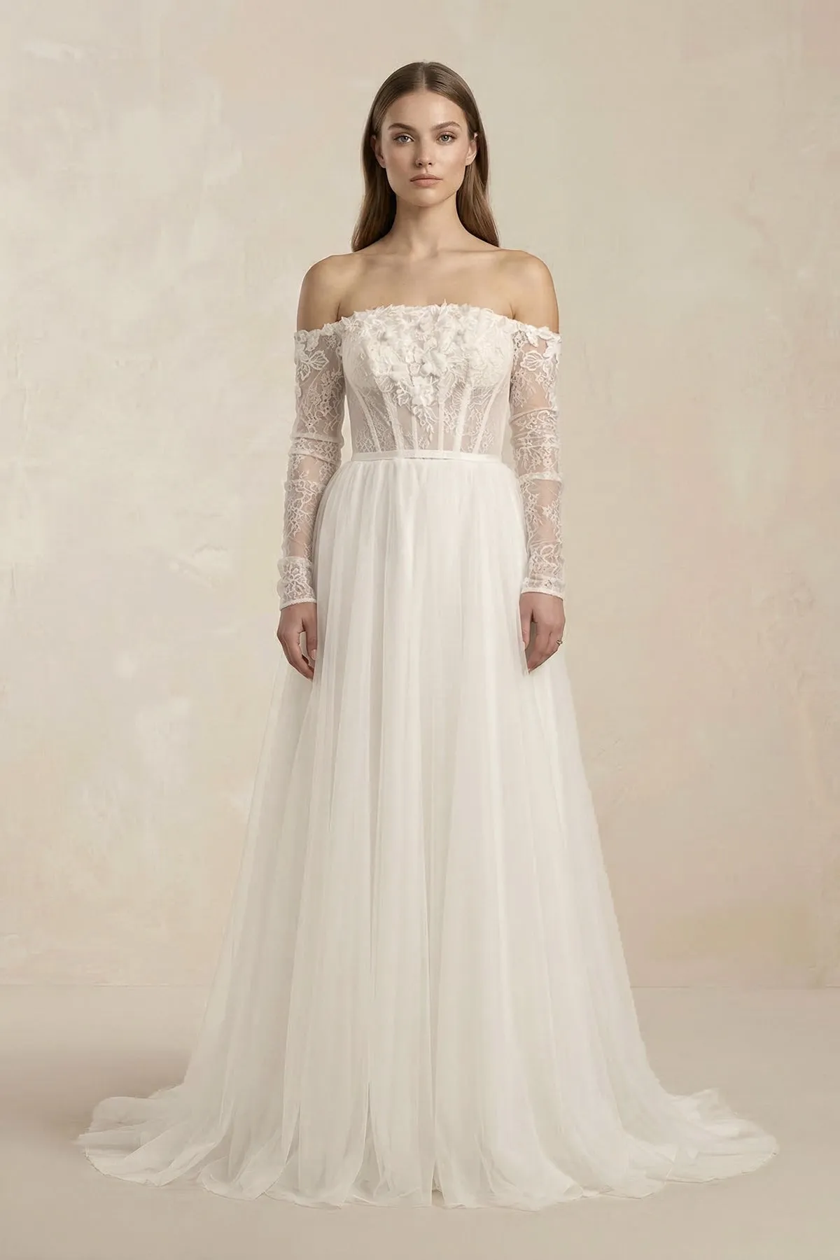 Off-the-Shoulder Tulle Corset A-Line Appliqued Wedding Dress in White sold by KissProm