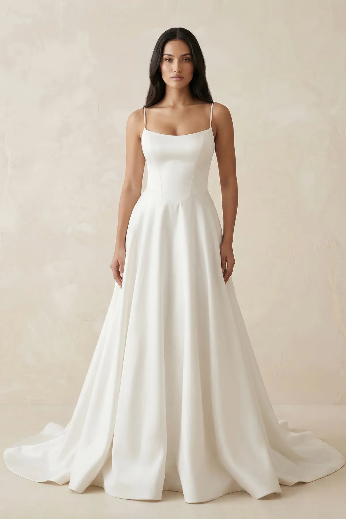 Spaghetti Straps Satin A-Line Ruched Wedding Dress in White sold by KissProm