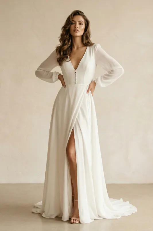 Long Sleeves V-Neck Chiffon A-Line Wedding Dress in White made by KissProm