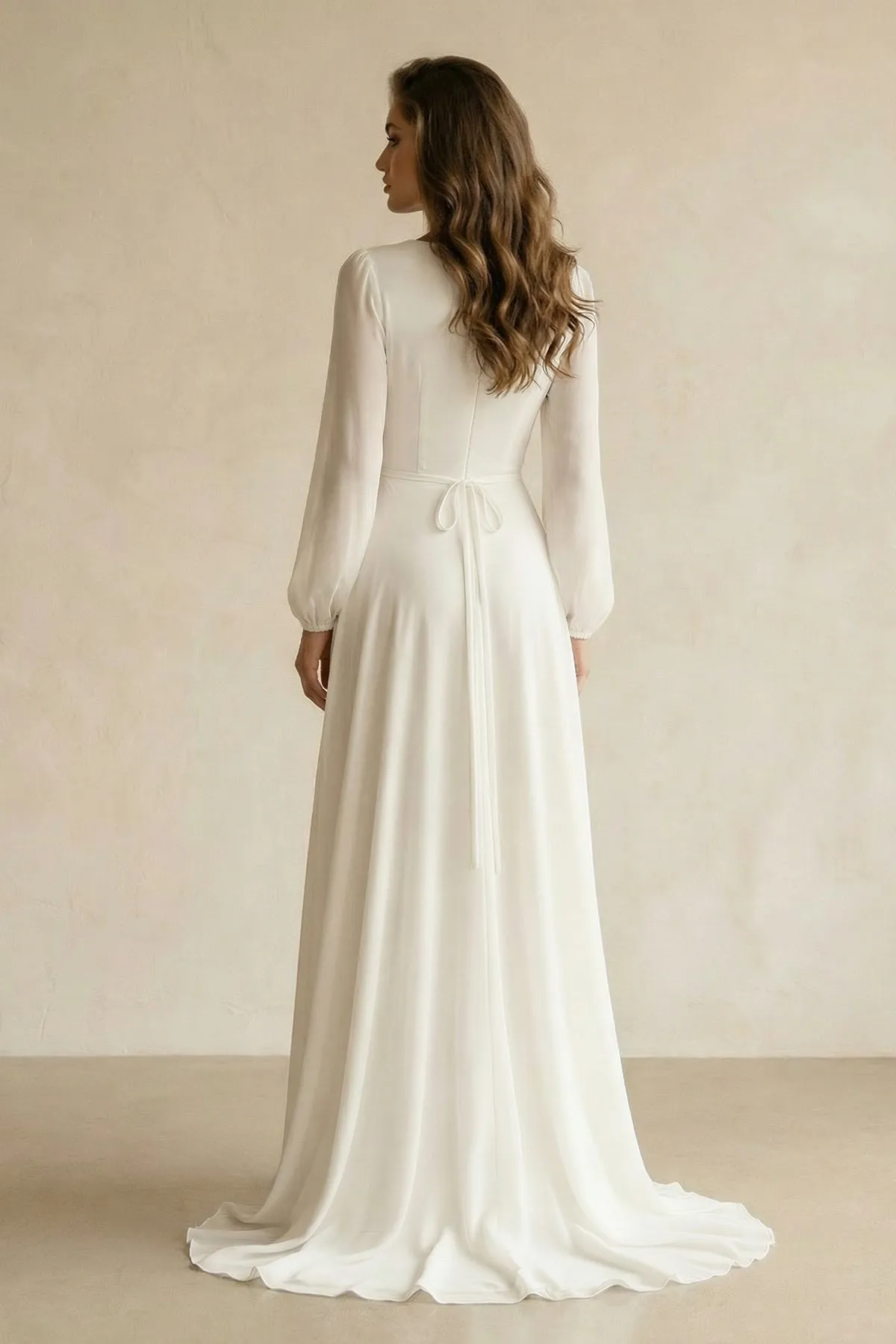 Long Sleeves V-Neck Chiffon A-Line Wedding Dress in White sold by KissProm product image thumbnail 2