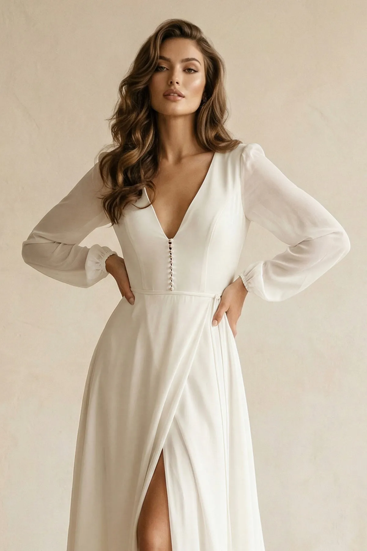 Long Sleeves V-Neck Chiffon A-Line Wedding Dress in White sold by KissProm product image thumbnail 3