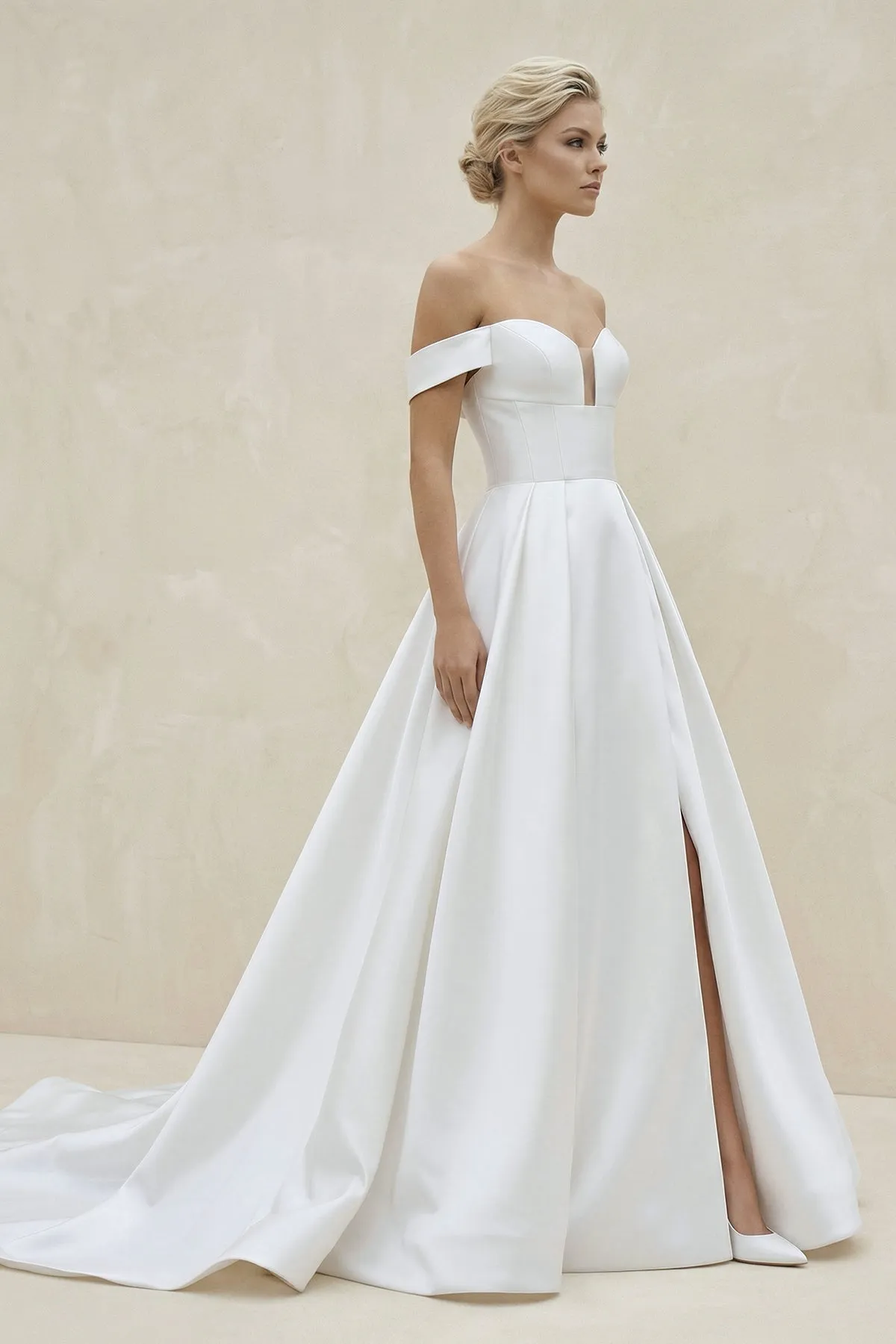Off-the-Shoulder Satin A-Line Wedding Dress With Slit in White sold by KissProm product image thumbnail 3